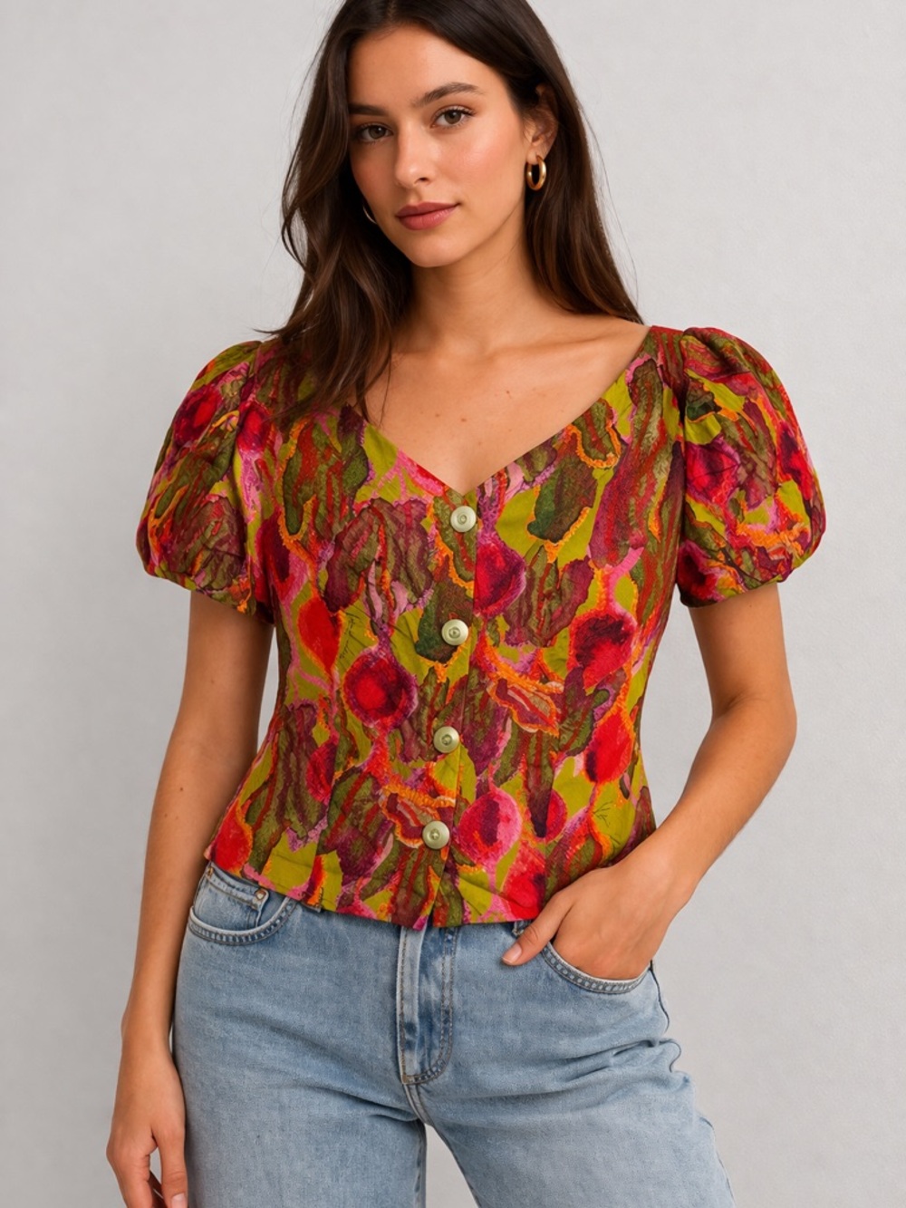Button-Front Puff Sleeve Top in Olive Multi